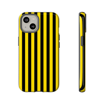 Back side of a vibrant yellow and black stripe tough case phone case with sleek protective design for iPhone Samsung Google phones