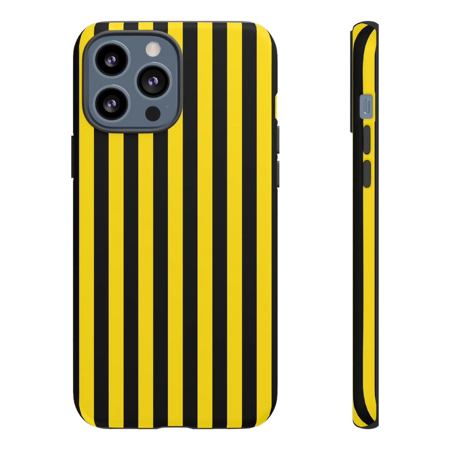 Back side of a bold yellow and black stripe tough case phone case with a sleek modern design for iPhone Samsung and Google phones