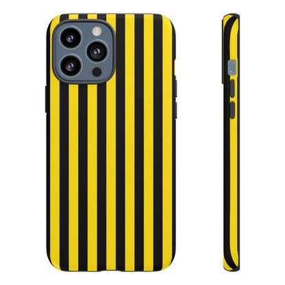 Back side of a bold yellow and black stripe tough case phone case with a sleek modern design for iPhone Samsung and Google phones