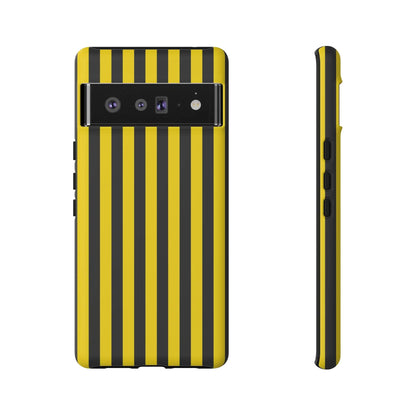Back side of a yellow and black stripe tough case phone case with sleek modern design for iphone samsung and google phones