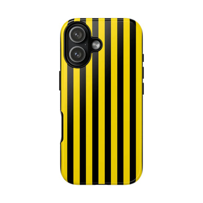Back side of a vibrant yellow and black stripe tough case phone case with glossy finish for iphone samsung google phones