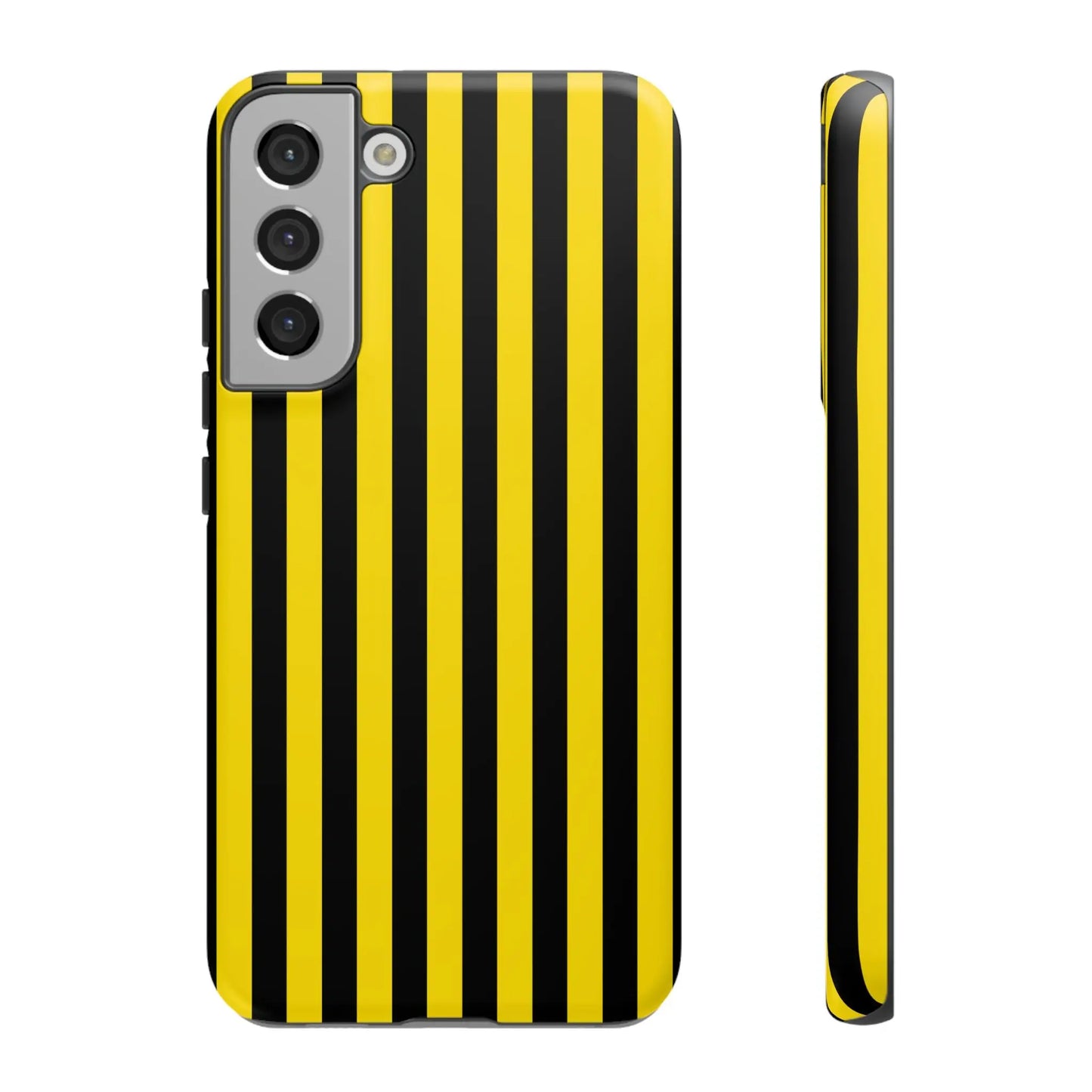 Back side of a vibrant yellow and black stripe tough case phone case for Samsung Galaxy S21 with camera cutouts