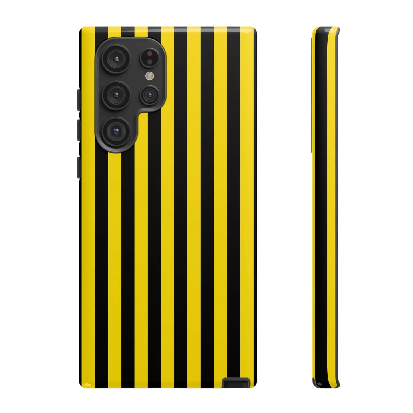 Yellow and black stripe tough case phone case with glossy finish showing the back side for iPhone Samsung Google phones