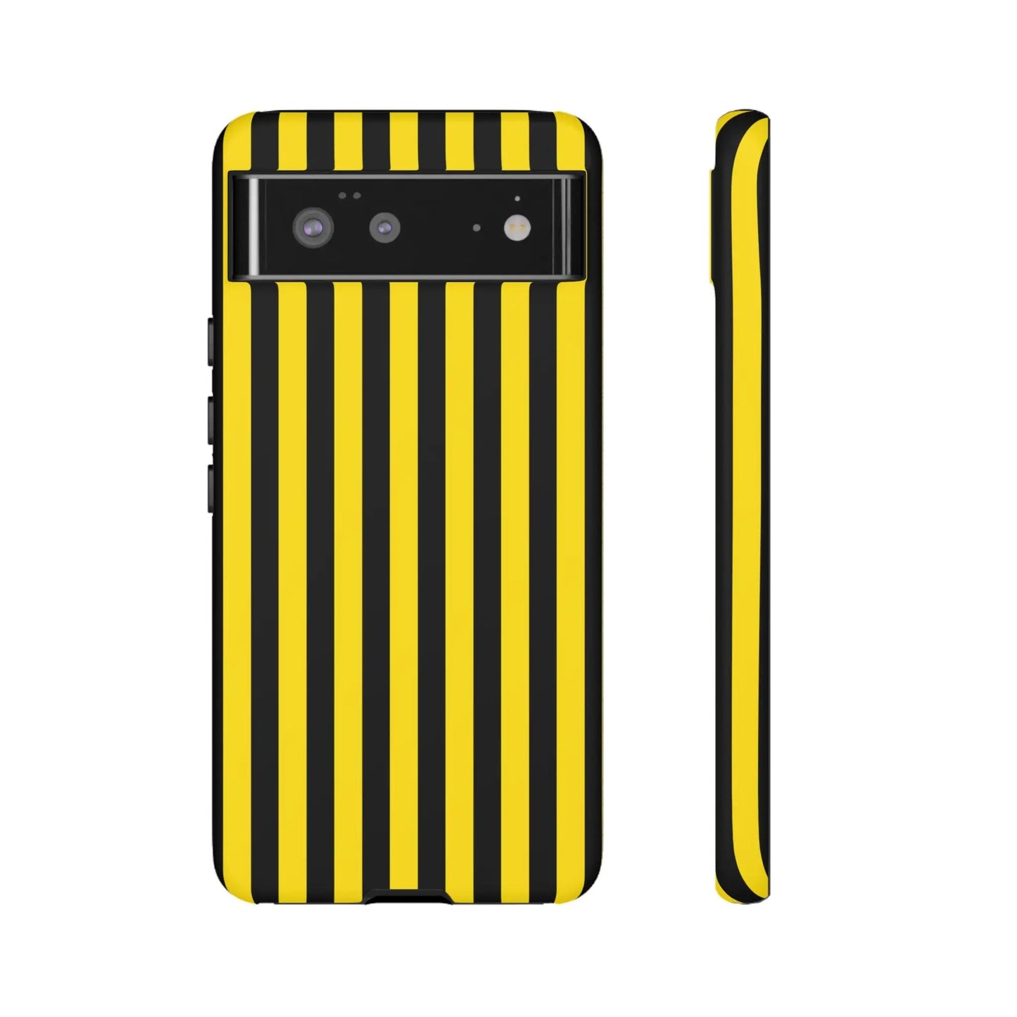 Back side of a vibrant yellow and black stripe tough case phone case with a sleek glossy finish for mobile phones