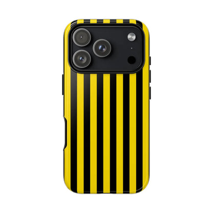 Black stripe tough phone case with bold yellow and black vertical stripes for iphone samsung and google mobiles back side