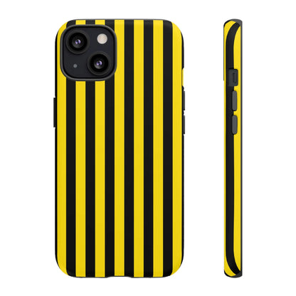 Yellow and black stripe tough case phone case featuring a black stripe tough design with sleek protective back side