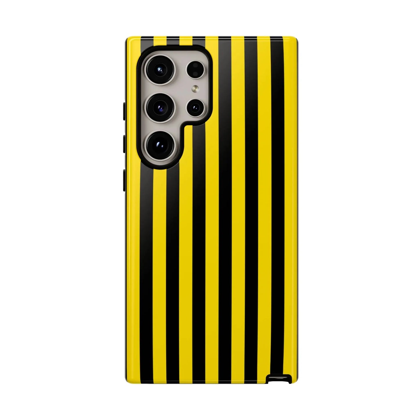 Yellow and black stripe tough case for samsung galaxy s21 ultra showing back with precise camera cutouts and black stripe design