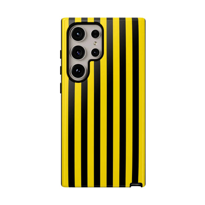 Yellow and black stripe tough case for samsung galaxy s21 ultra showing back with precise camera cutouts and black stripe design