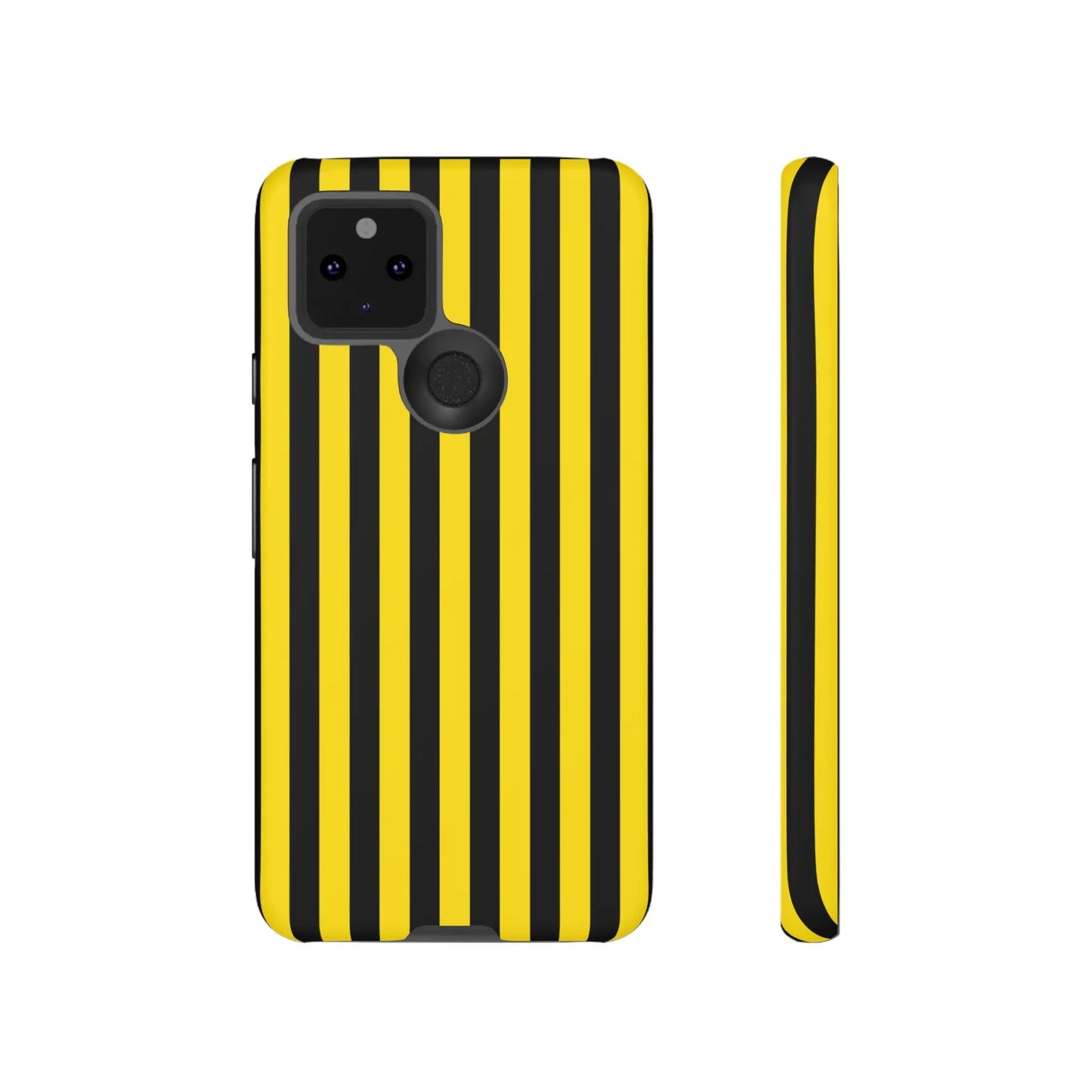 Back side of a vibrant yellow and black stripe tough case phone case with sleek modern design for iphone samsung google
