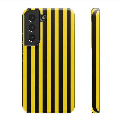Back side of a vibrant yellow and black stripe tough case phone case for samsung galaxy s21 with bold vertical stripes