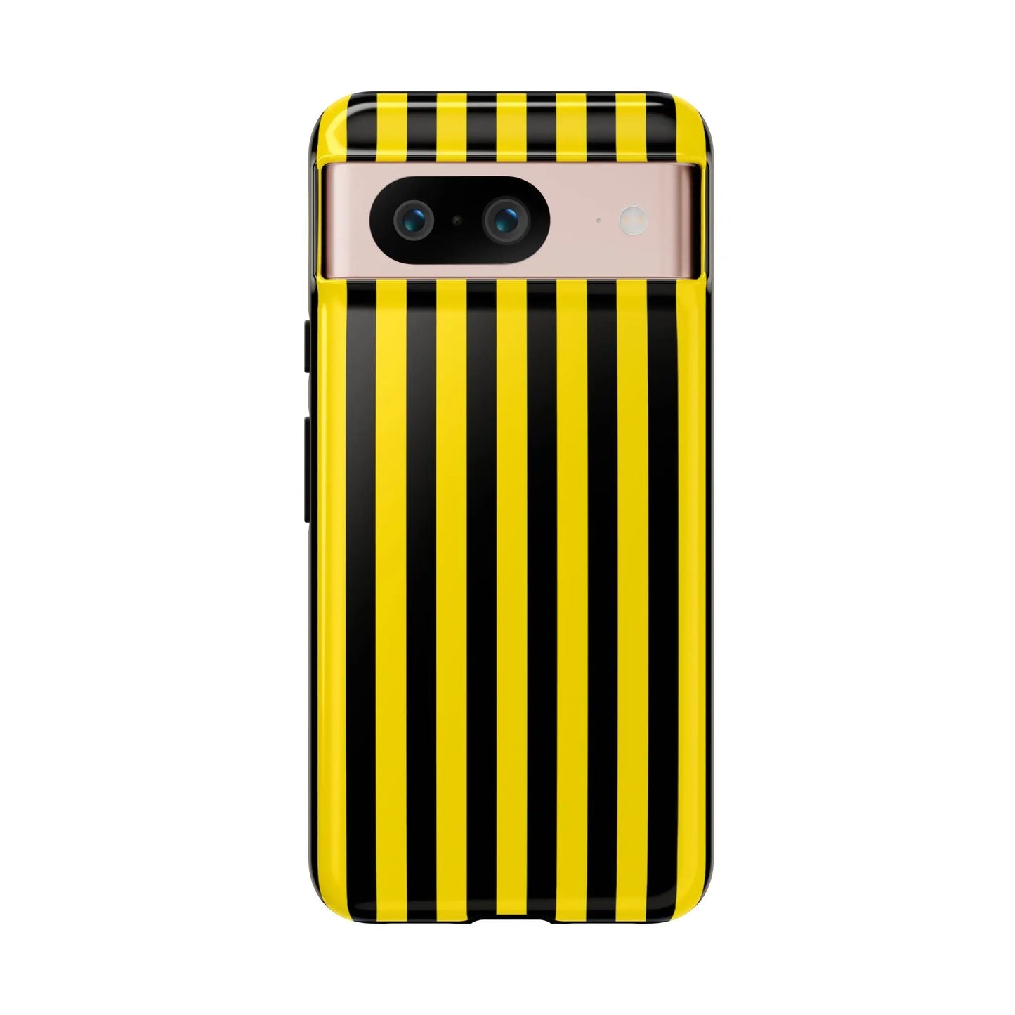 Back side of a vibrant yellow and black stripe tough case phone case with glossy finish for google pixel 7 pro