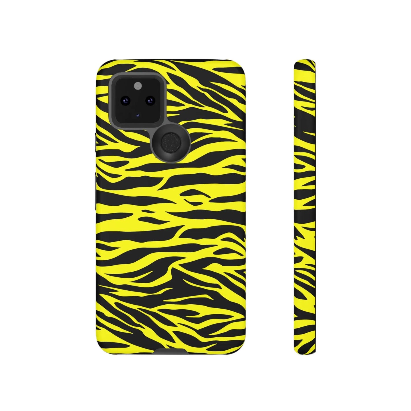 Back view of a yellow wild tiger print phone case cover with a vibrant black and yellow tiger print pattern and glossy finish