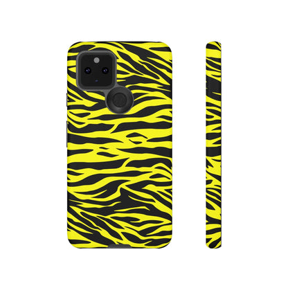 Back view of a yellow wild tiger print phone case cover with a vibrant black and yellow tiger print pattern and glossy finish