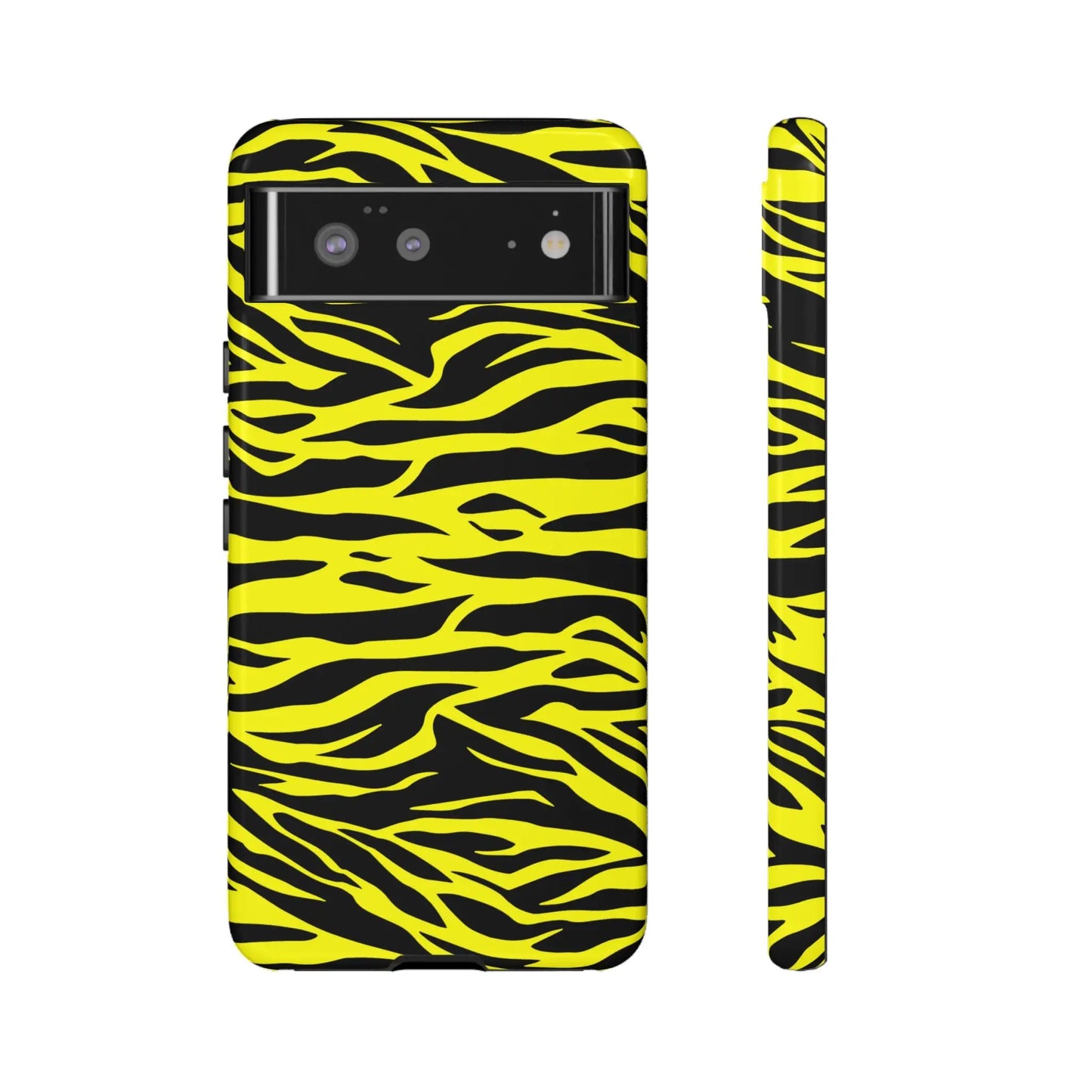 Yellow wild tiger print phone case cover with vibrant black and yellow tiger print pattern on the back side