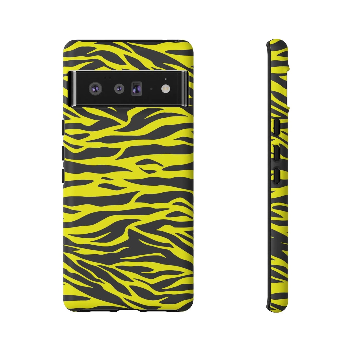 Back side of a vibrant yellow wild tiger print phone case cover for Google Pixel 6 Pro with tiger print pattern design