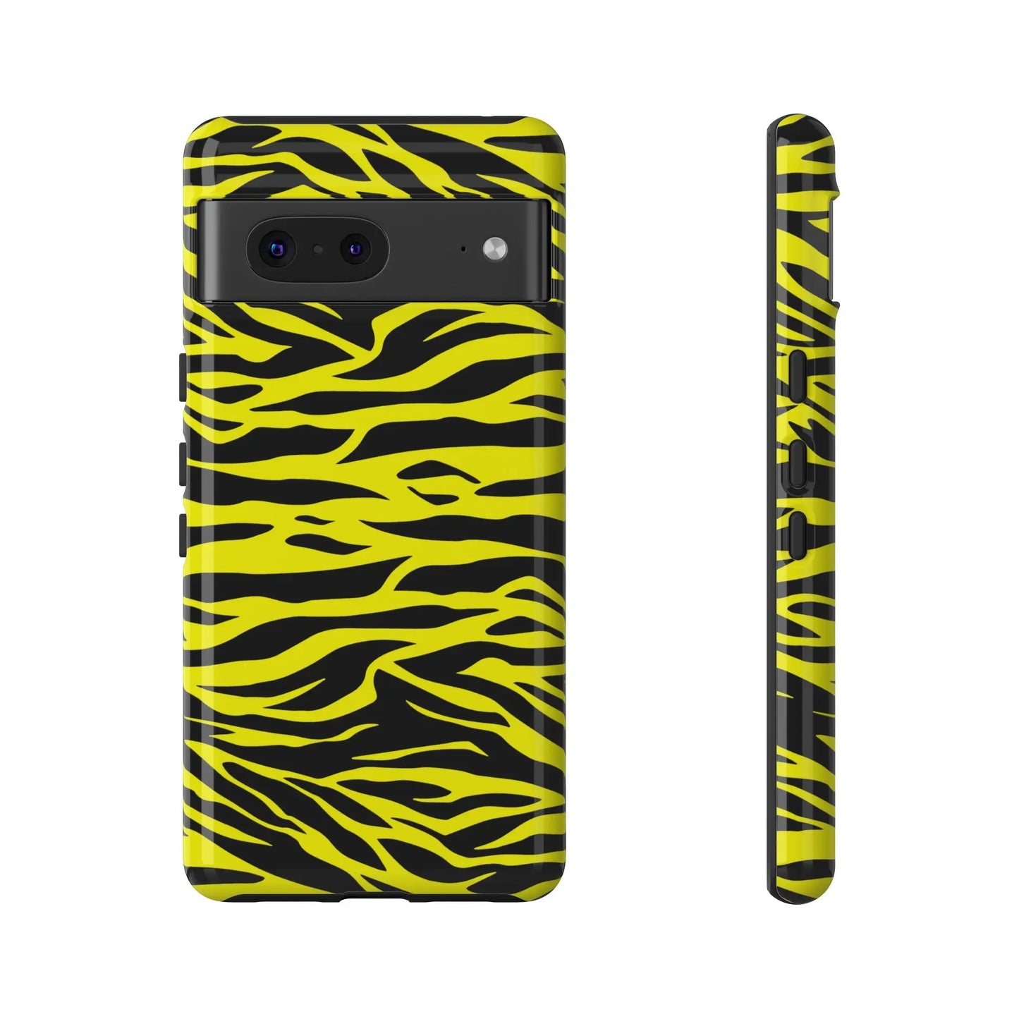 Back side of a vibrant yellow wild tiger print phone case with bold black tiger print pattern and glossy finish