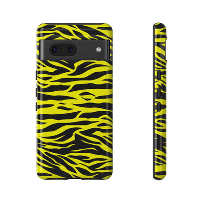 Back side of a vibrant yellow wild tiger print phone case with bold black tiger print pattern and glossy finish