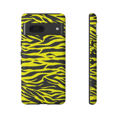 Back of vibrant yellow wild tiger print phone case cover with black zebra stripes for google pixel 6a
