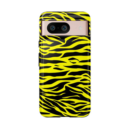 Back side of a vibrant yellow wild tiger print phone case cover with a glossy black and yellow tiger print pattern