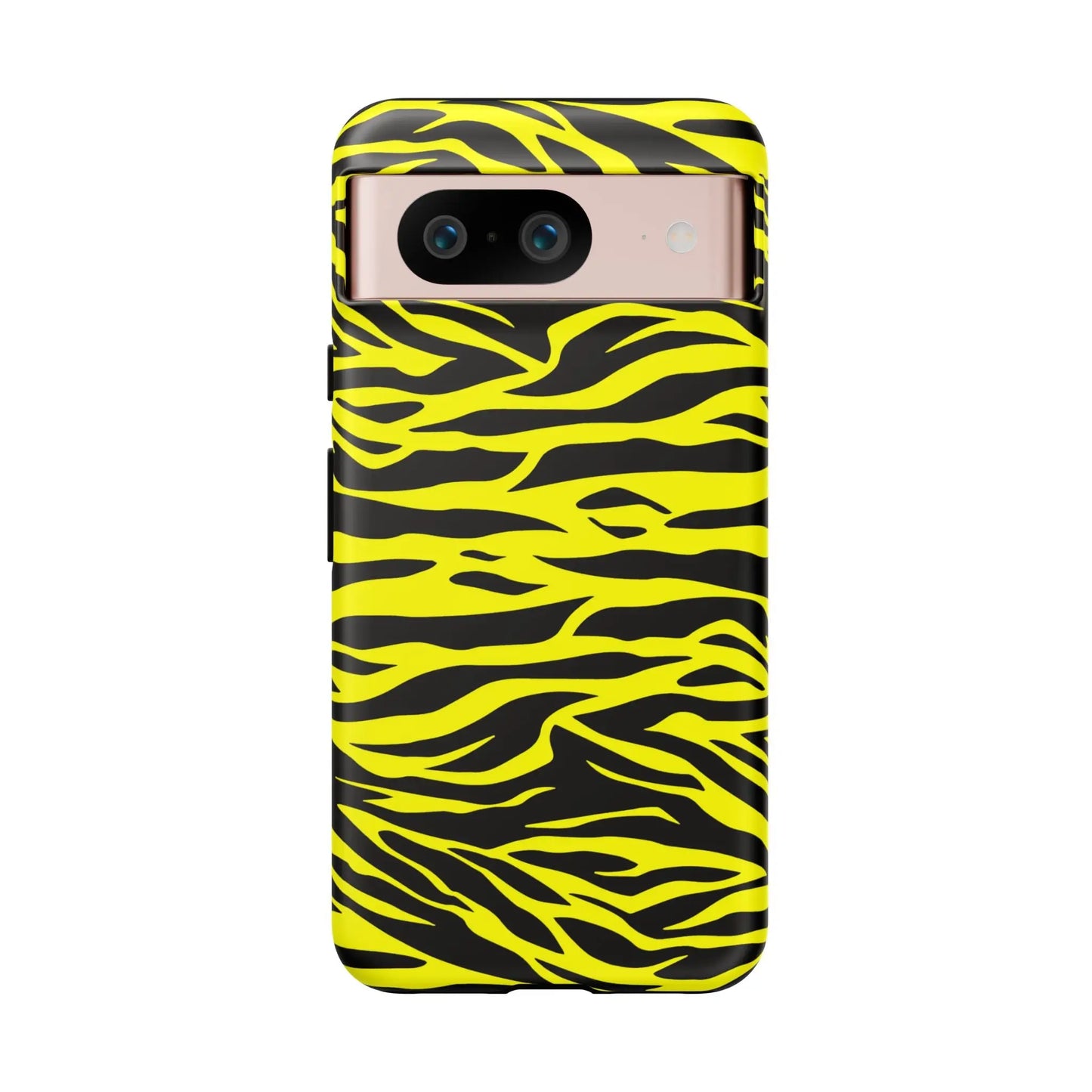 Back side of a sleek glossy yellow wild tiger print phone case cover with vibrant black tiger print pattern