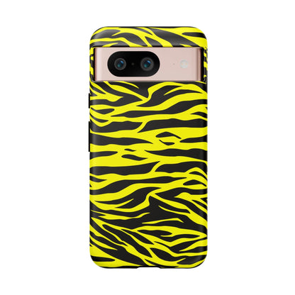 Back side of a sleek glossy yellow wild tiger print phone case cover with vibrant black tiger print pattern