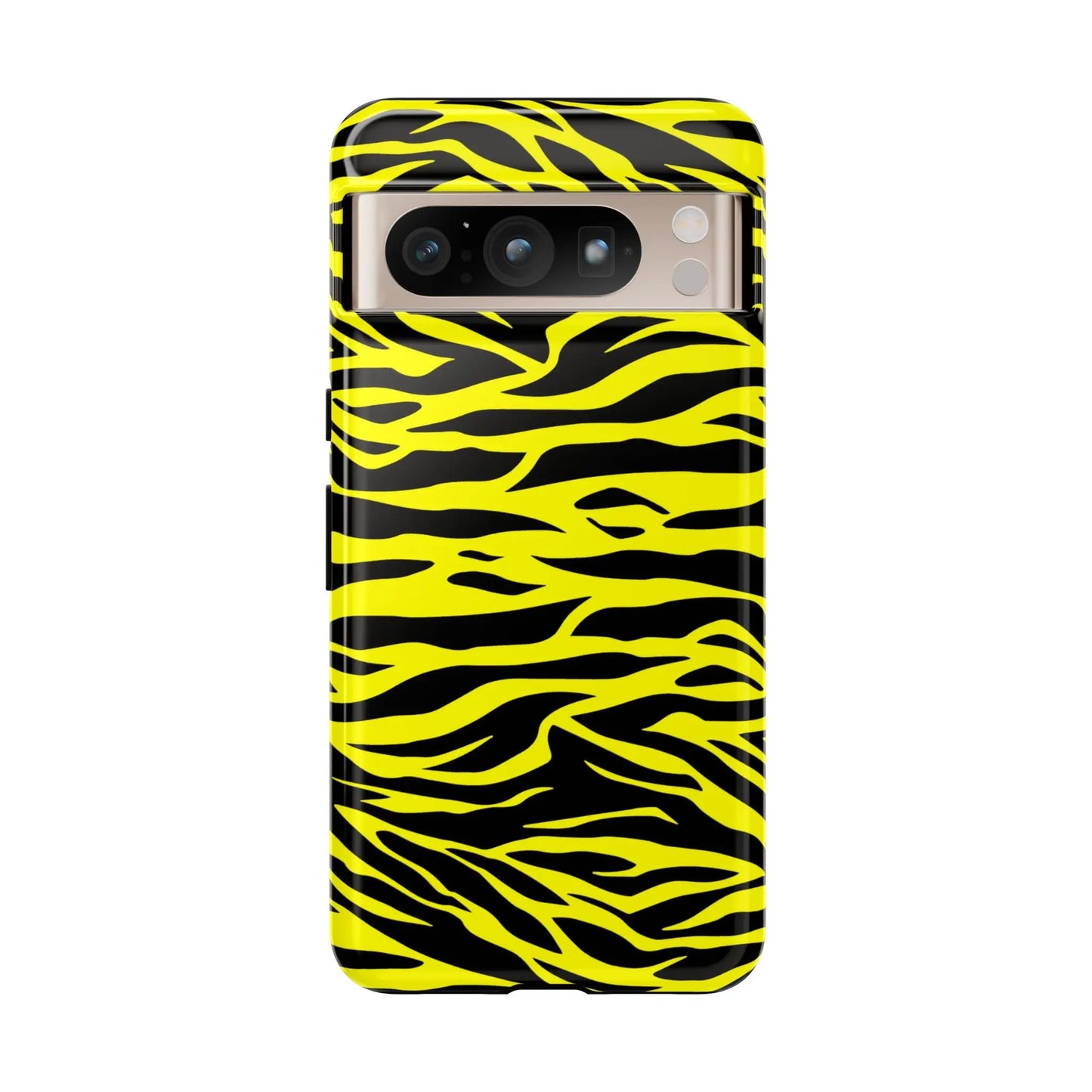 Back side of a vibrant yellow wild tiger print pattern phone case cover with black zebra-striped design