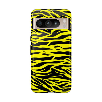 Back side of a vibrant yellow wild tiger print pattern phone case cover with black zebra-striped design