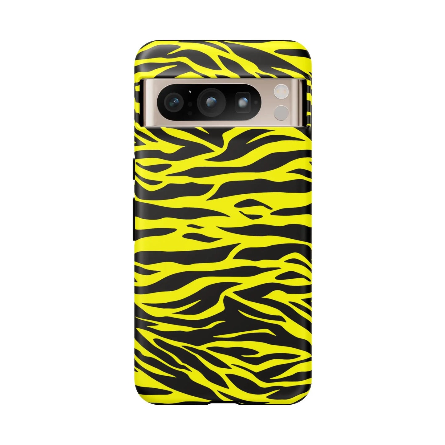 Back view of a vibrant yellow wild tiger print phone case cover with sleek black zebra-striped tiger print pattern