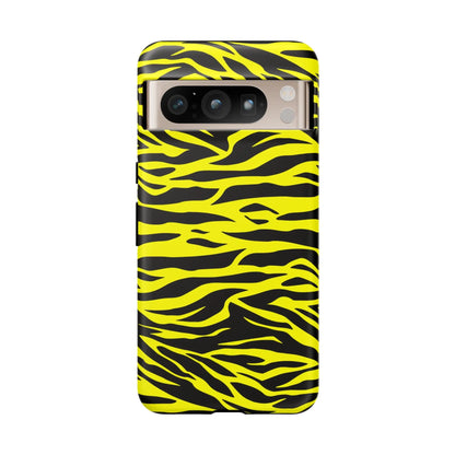 Back view of a vibrant yellow wild tiger print phone case cover with sleek black zebra-striped tiger print pattern