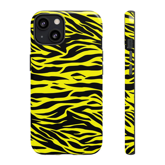 Back side of a vibrant yellow wild tiger print phone case cover with bold black tiger print pattern design