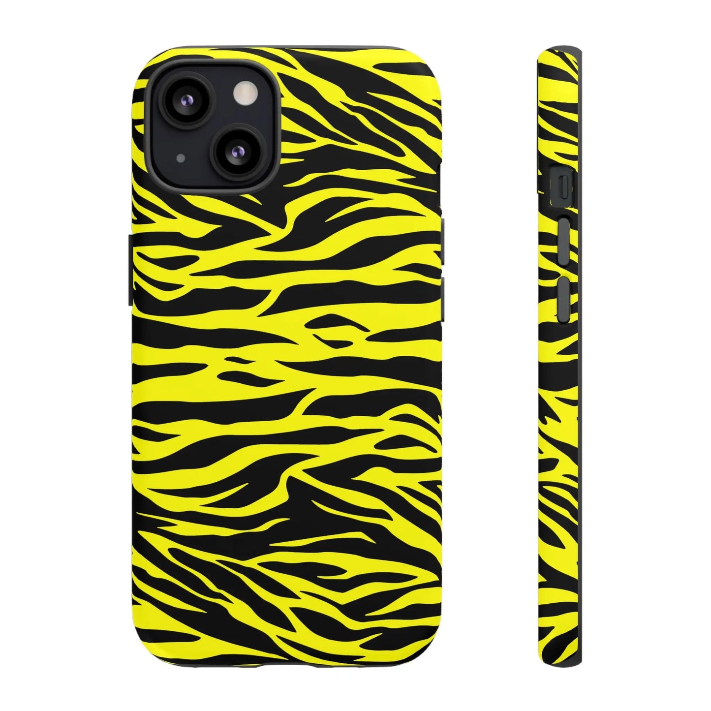 Yellow wild tiger print phone case cover featuring vibrant yellow and black tiger print pattern on the back side