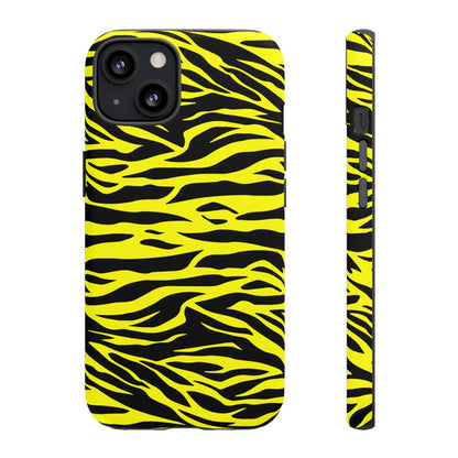 Yellow wild tiger print phone case cover featuring vibrant yellow and black tiger print pattern on the back side