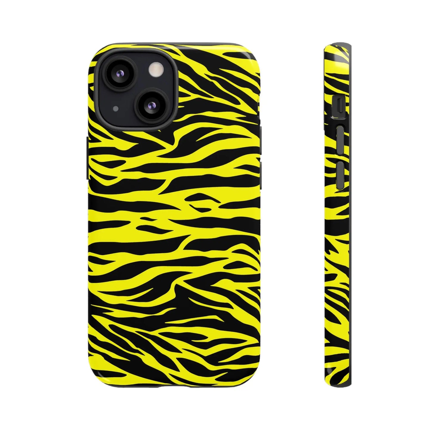 Back side of a vibrant yellow wild tiger print pattern phone case cover with black tiger stripes design