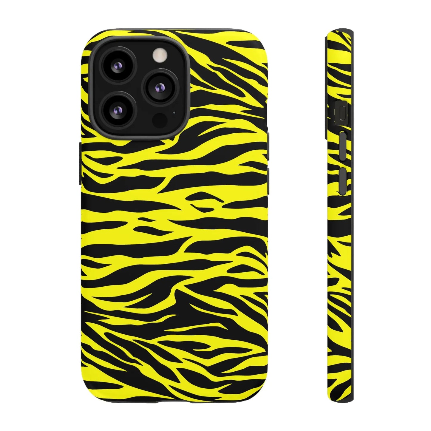 Back side of a yellow wild tiger print phone case cover with vibrant black tiger print pattern and bold wavy design