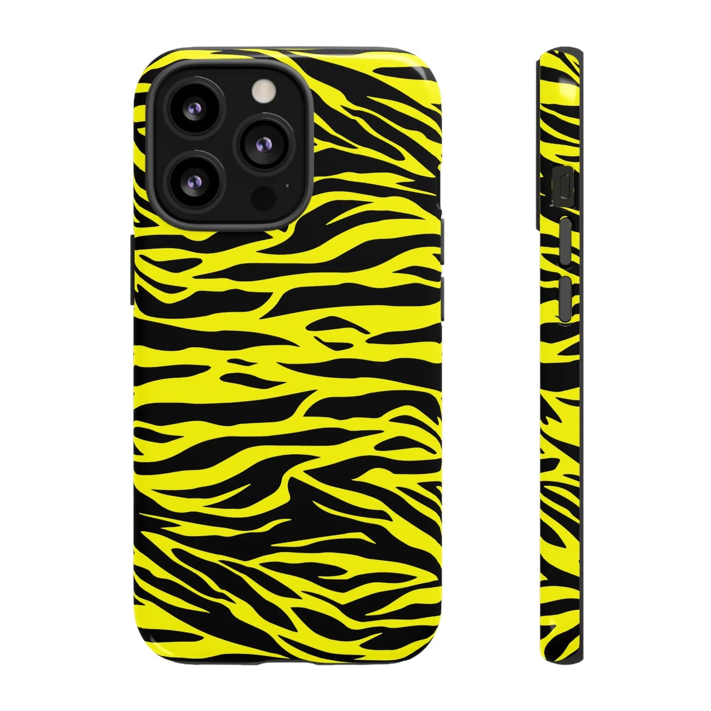 Yellow wild tiger print phone case cover featuring vibrant yellow and black tiger print pattern on the back side