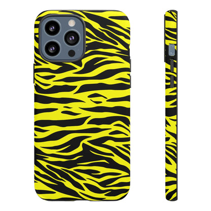 Back side of a vibrant yellow wild tiger print pattern phone case cover with bold black tiger stripes