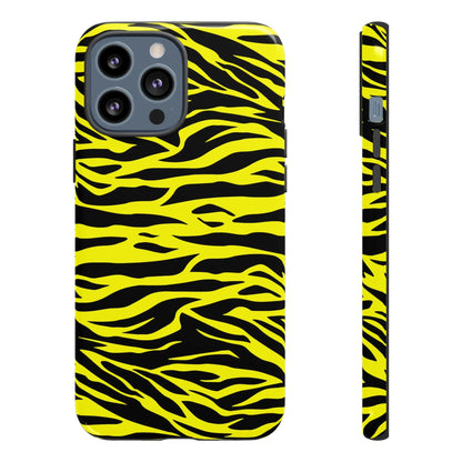 Backside of yellow wild tiger print phone case cover with black tiger print pattern for iphone 12 pro max