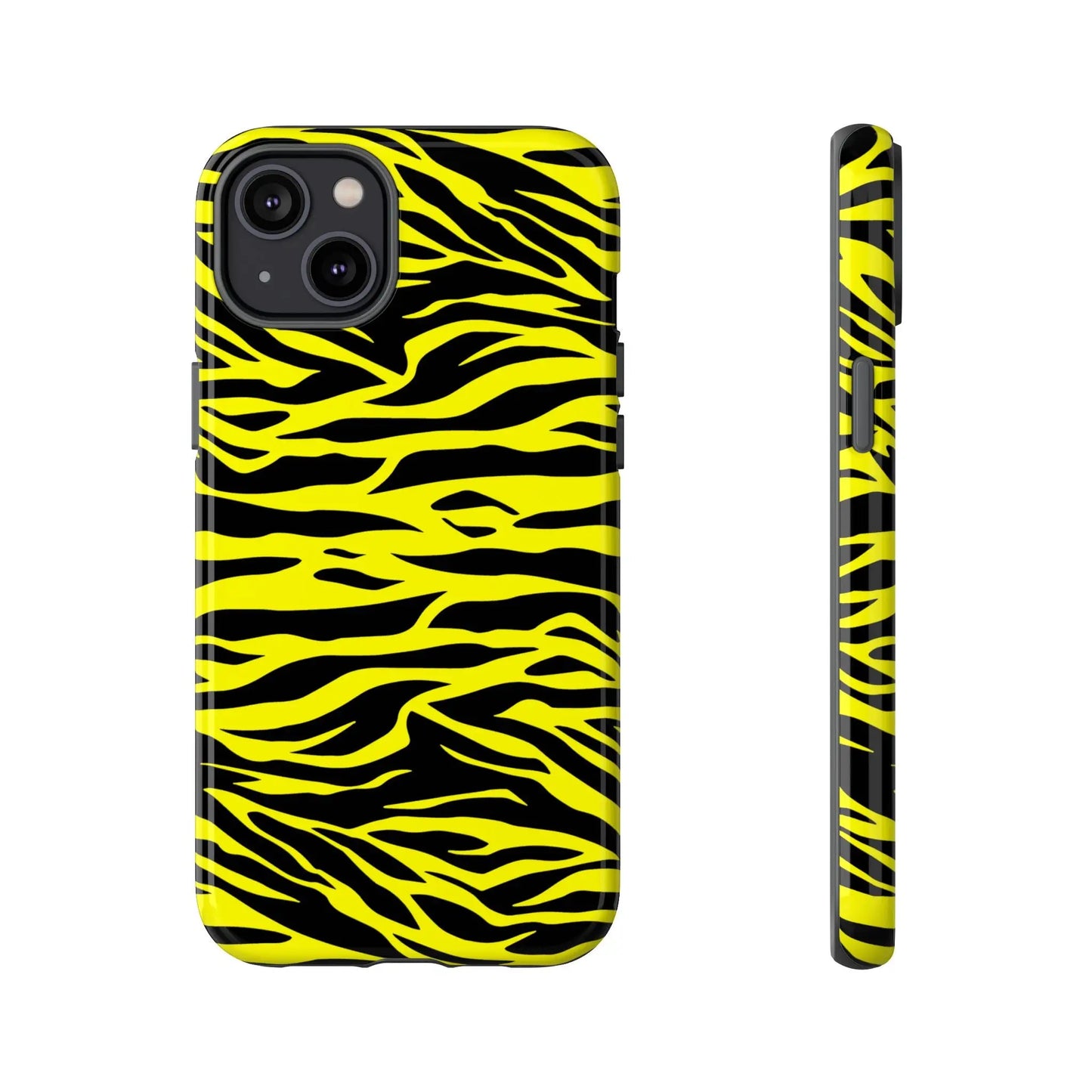 Back side of a vibrant yellow wild tiger print phone case cover with a black tiger print pattern design