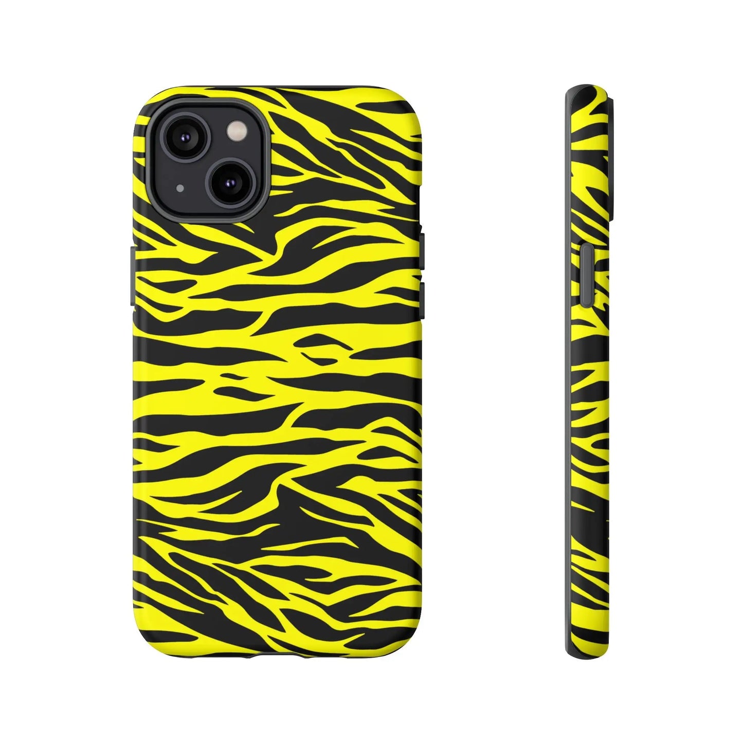 Back side of a vibrant yellow wild tiger print pattern phone case cover with bold black tiger stripes