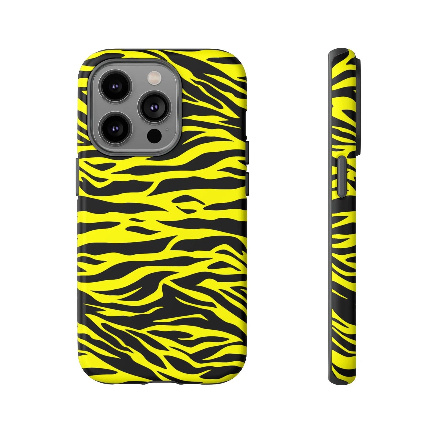 Back side of a yellow wild tiger print pattern phone case cover with vibrant yellow and black tiger stripes