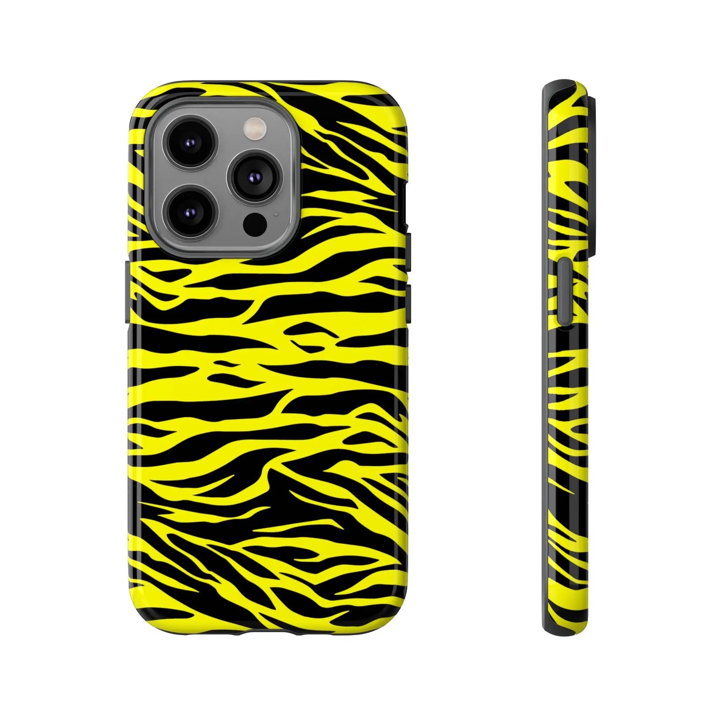 Back side of a yellow wild tiger print phone case cover with vibrant black tiger stripe pattern