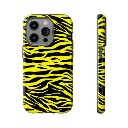 Back side of a yellow wild tiger print phone case cover with vibrant black tiger stripe pattern
