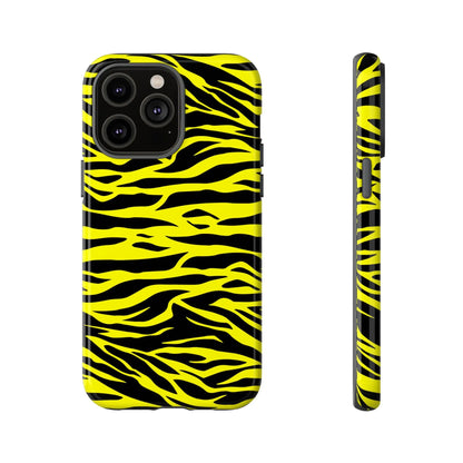 Yellow wild tiger print phone case back showing vibrant yellow and black tiger print pattern with bold graphic design