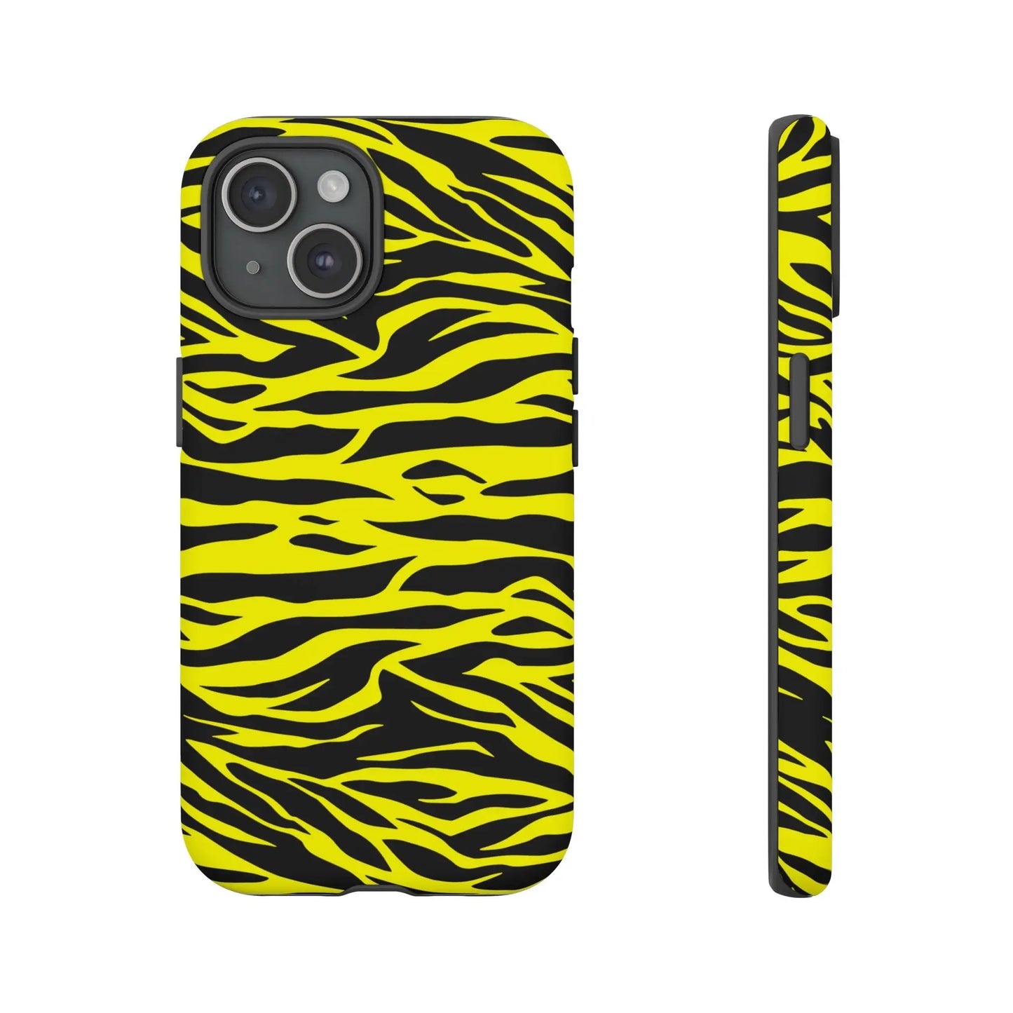 Vibrant yellow wild tiger print pattern phone case cover showing the back with bold tiger stripe design