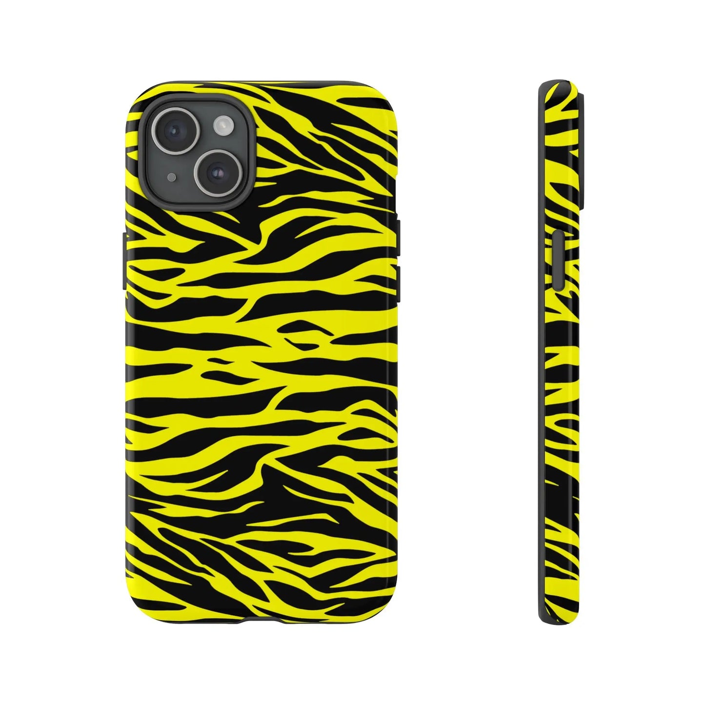 Back side of vibrant yellow wild tiger print phone case cover with bold black tiger print pattern