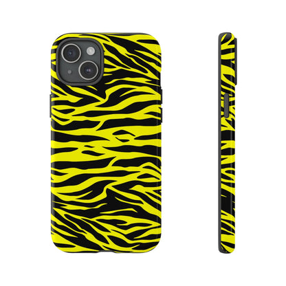 Back side of vibrant yellow wild tiger print phone case cover with bold black tiger print pattern