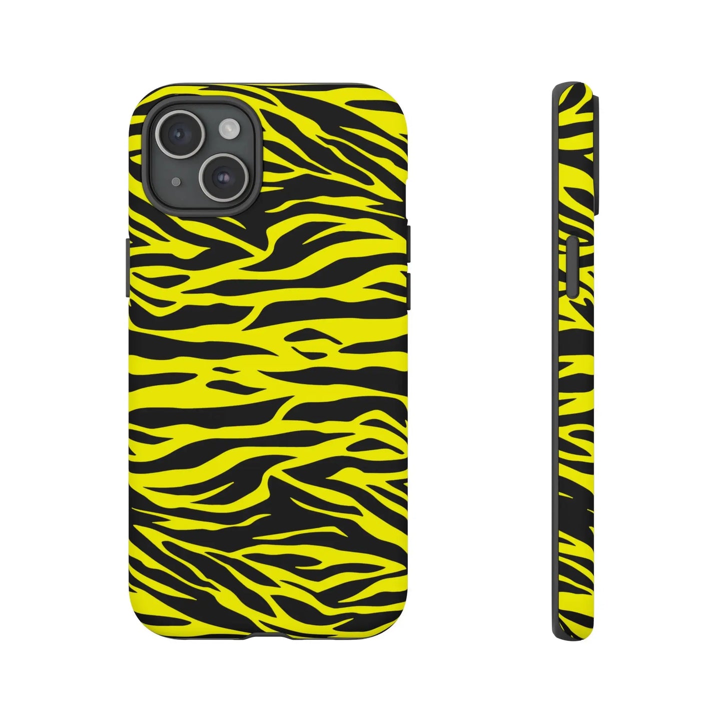 Yellow wild tiger print phone case cover with vibrant yellow and black tiger print pattern on the back side