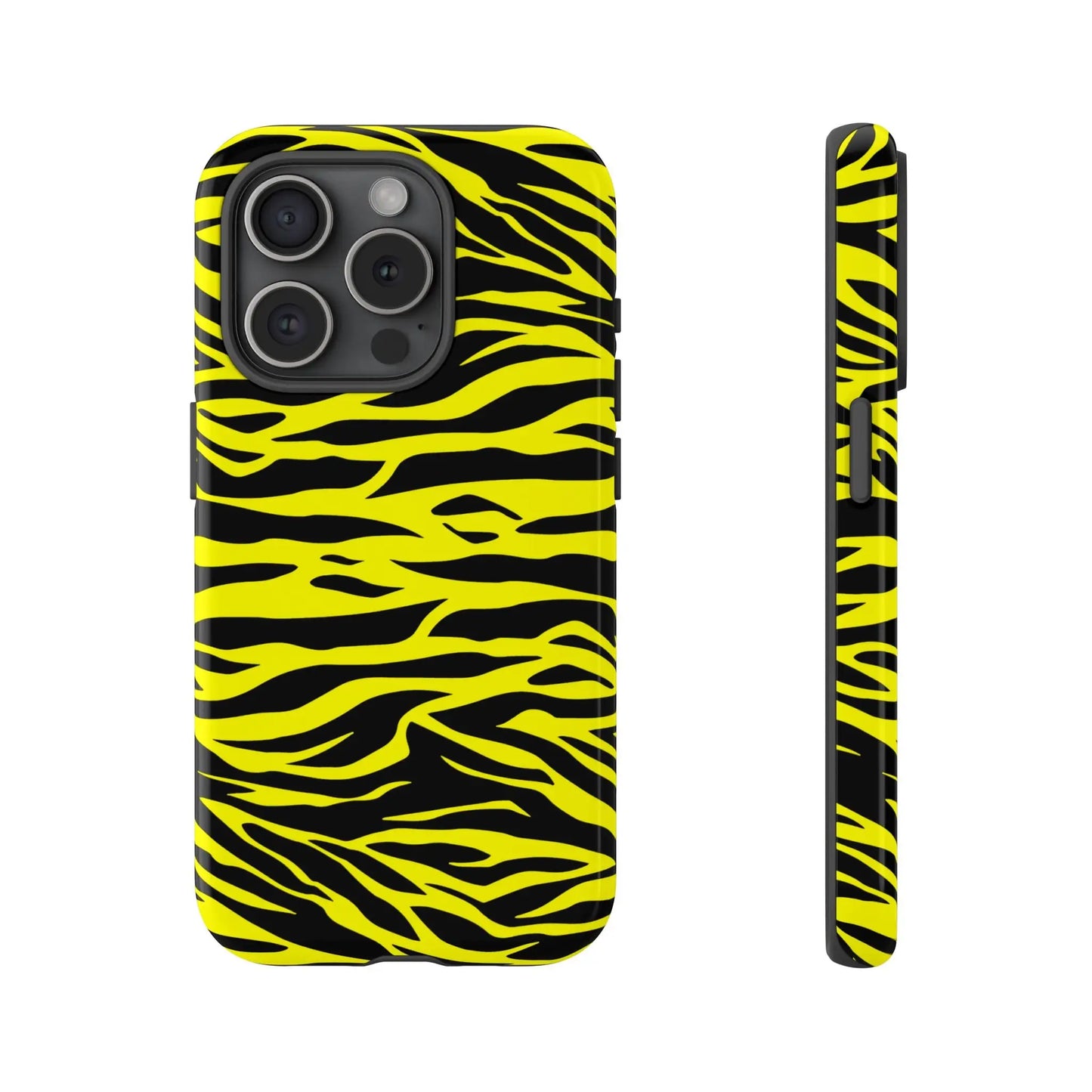 Back side of a yellow wild tiger print pattern phone case cover with vibrant yellow and black tiger stripe design