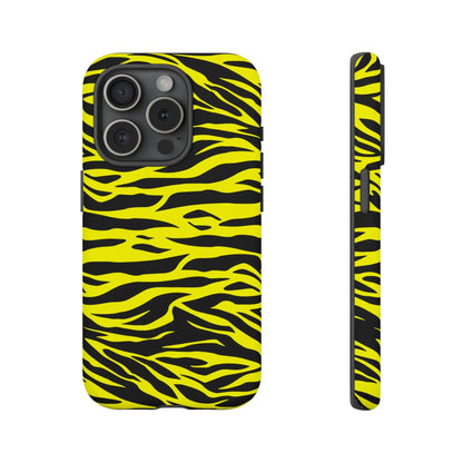 Back side of an iphone 13 pro phone case with vibrant yellow wild tiger print pattern and black zebra stripes design