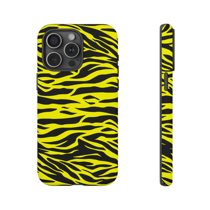 Yellow wild tiger print phone case cover showing back side with bold vibrant yellow and black tiger print pattern